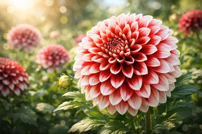 Vibrant Red And White Dahlia Flower In Garden