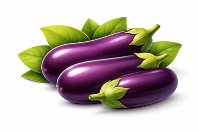 Three Fresh Purple Eggplants With Green Leaves