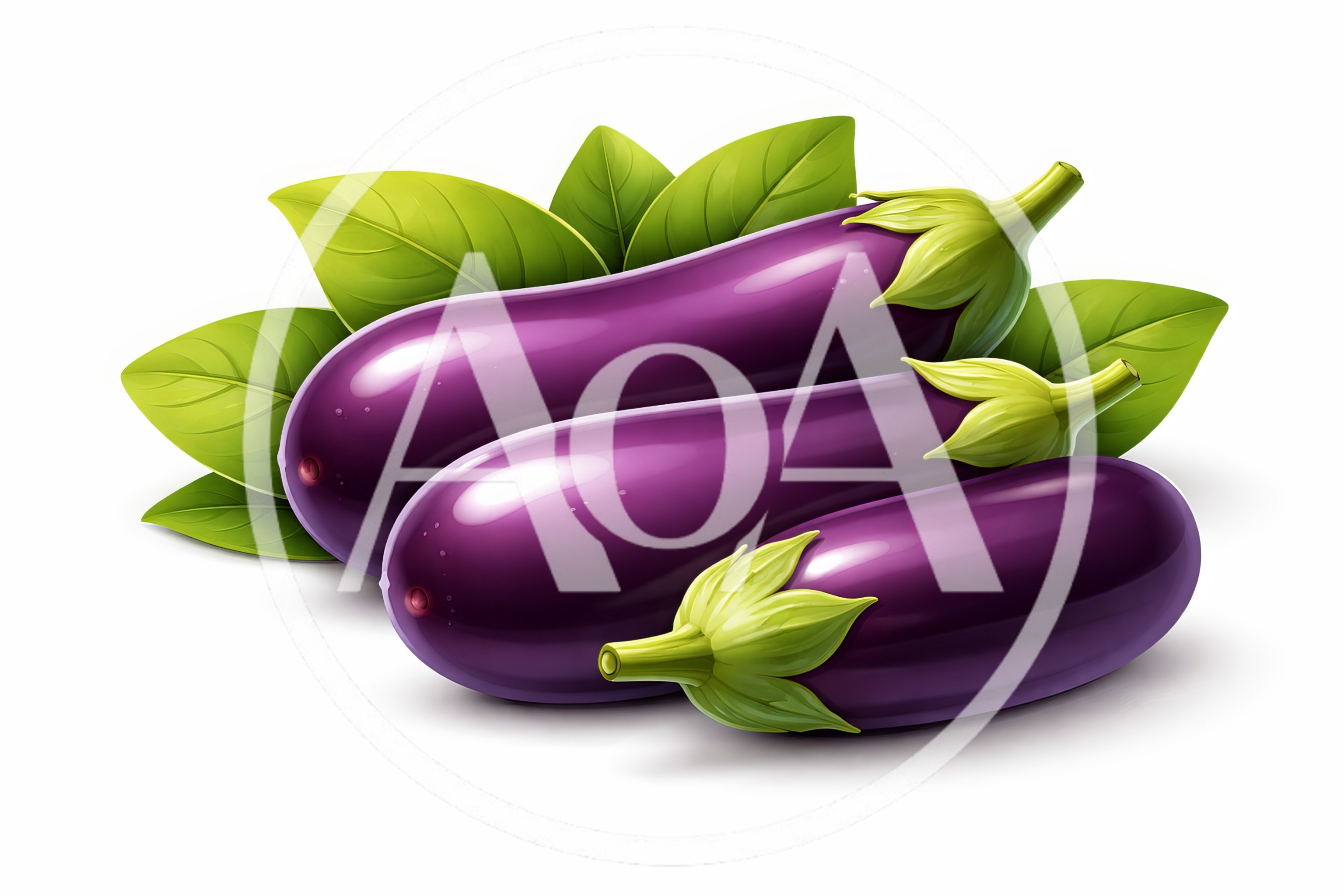 Three Fresh Purple Eggplants With Green Leaves