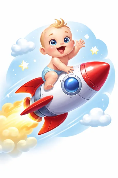 Cute Baby Riding A Cartoon Rocket Ship