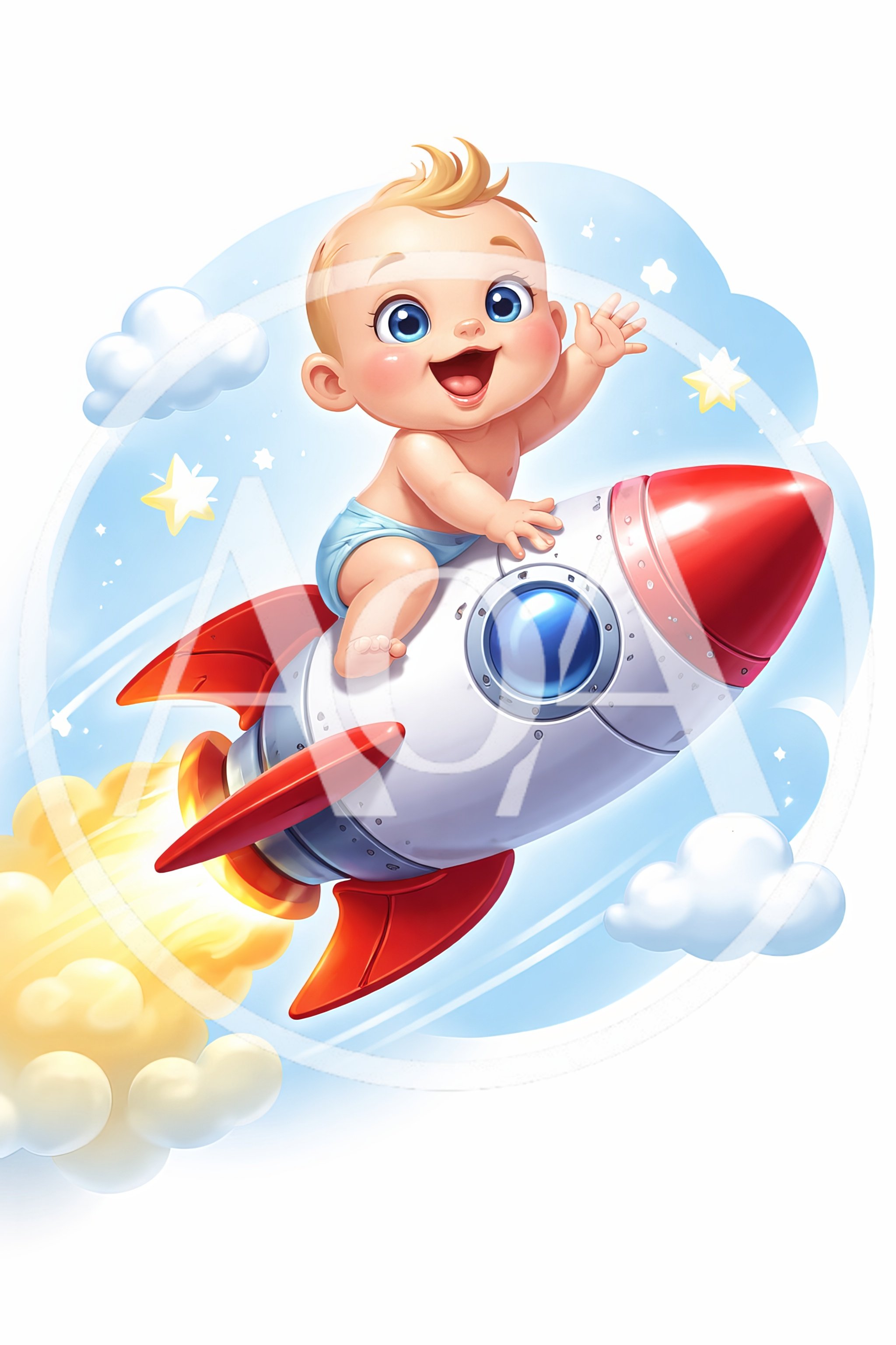 Cute Baby Riding A Cartoon Rocket Ship