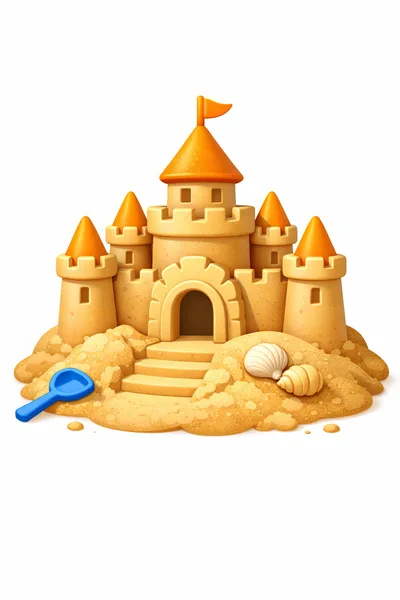 Detailed Sandcastle With Shells And Blue Shovel