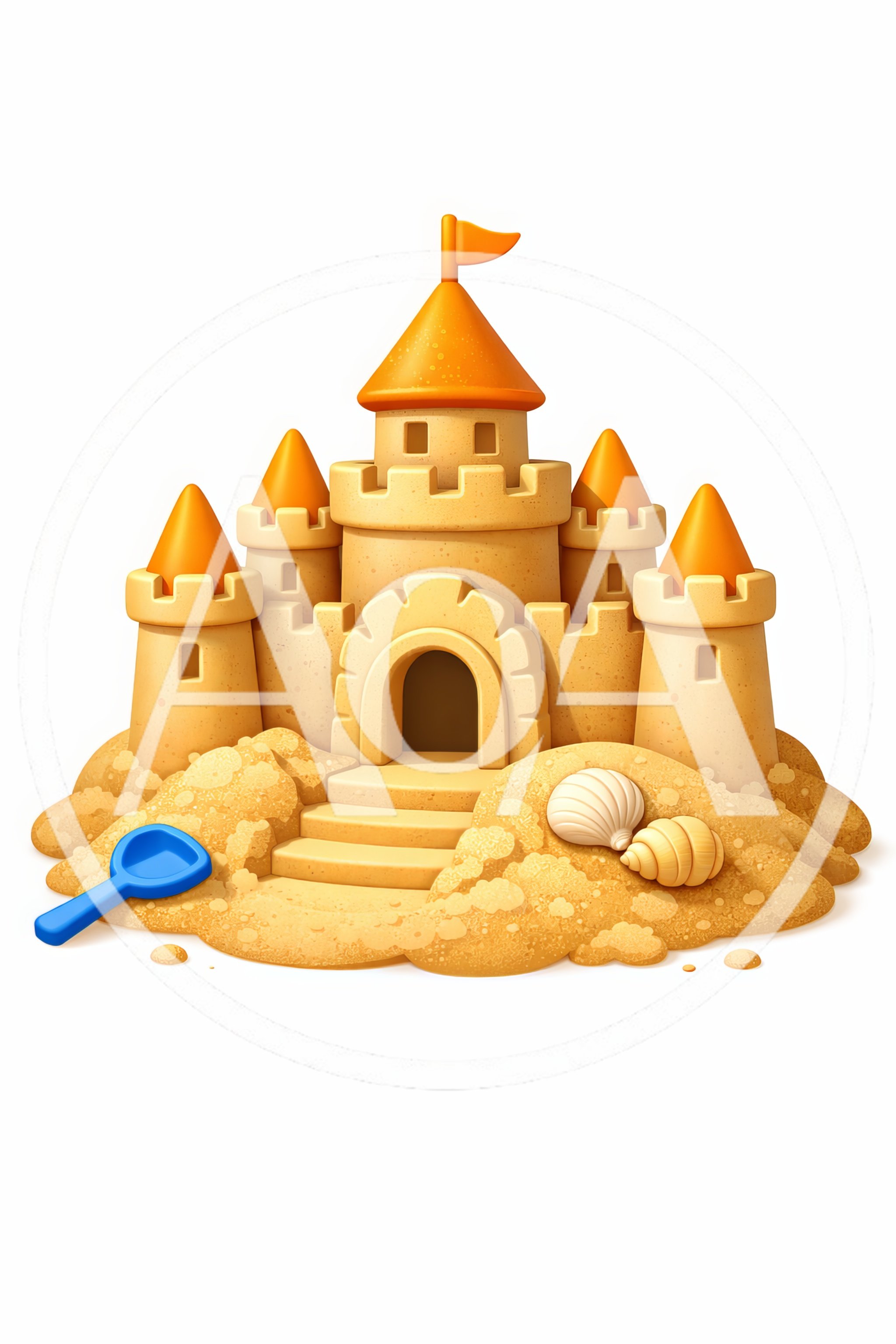 Detailed Sandcastle With Shells And Blue Shovel