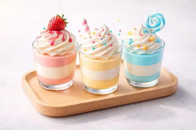 Three Colorful Dessert Cups on Wooden Tray