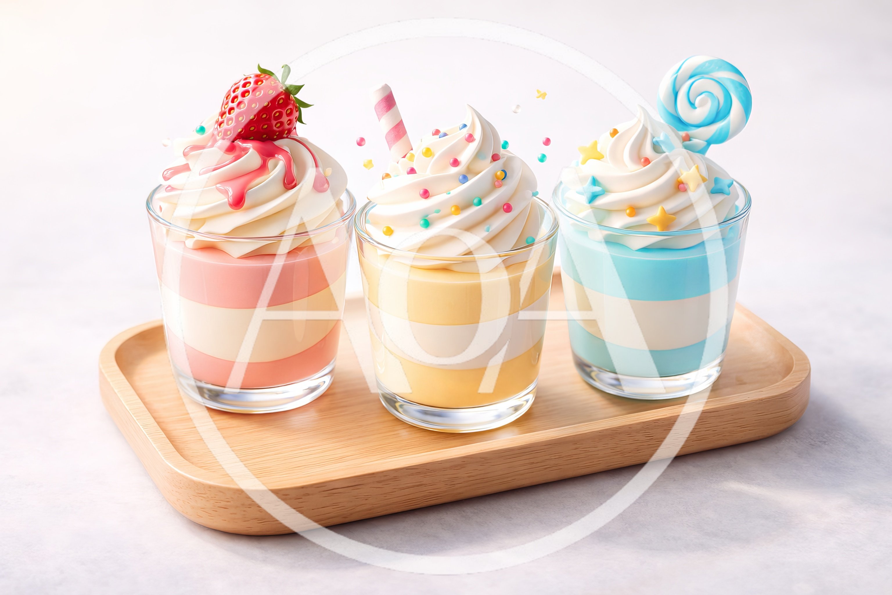 Three Colorful Dessert Cups on Wooden Tray