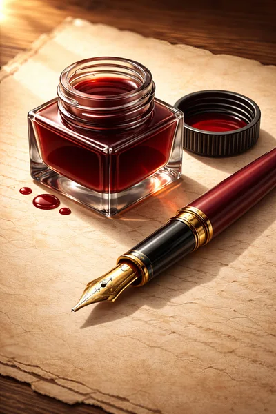 Fountain Pen and Inkwell on Vintage Parchment Paper