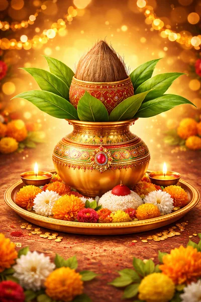 Traditional Kalash With Coconut And Flowers For Puja