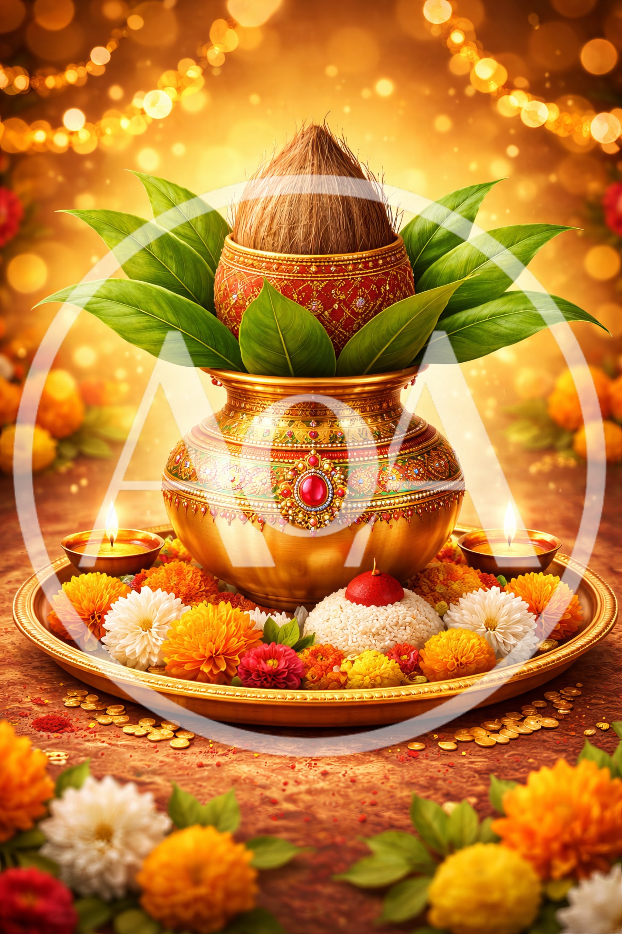 Traditional Kalash With Coconut And Flowers For Puja