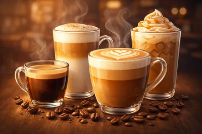 Four Varieties of Coffee Drinks on Wooden Table