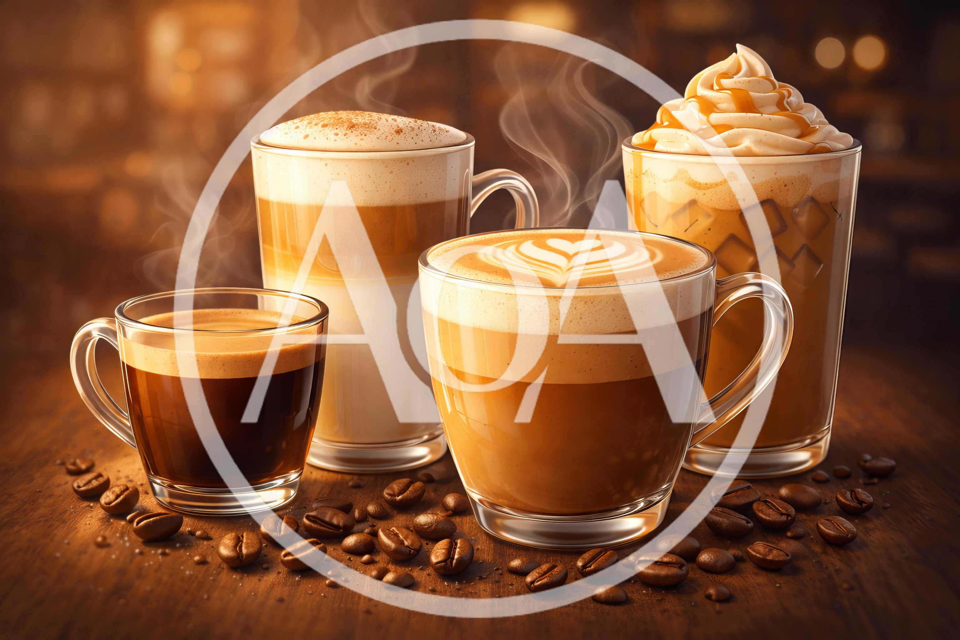 Four Varieties of Coffee Drinks on Wooden Table