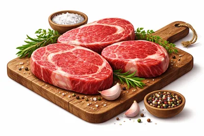 Raw Ribeye Steaks On A Wooden Cutting Board
