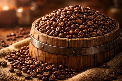 Roasted Coffee Beans In A Rustic Wooden Barrel