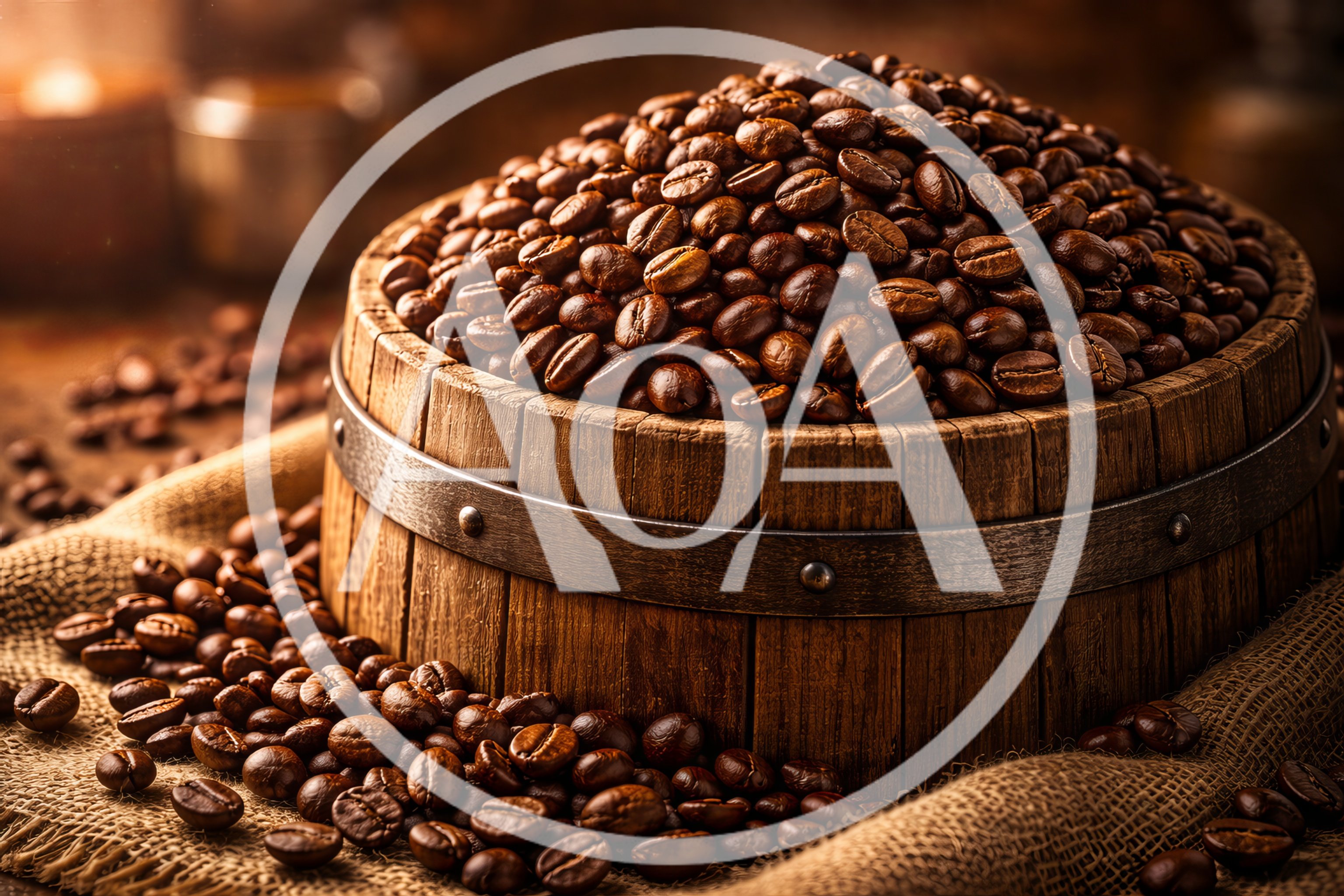 Roasted Coffee Beans In A Rustic Wooden Barrel
