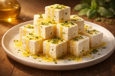 Feta Cheese Cubes Drizzled With Olive Oil And Herbs