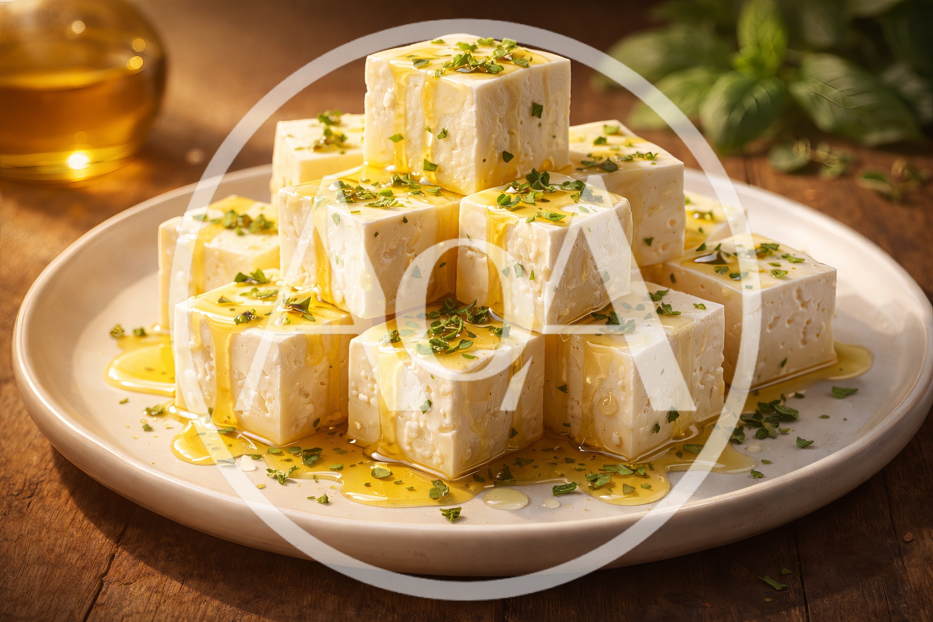 Feta Cheese Cubes Drizzled With Olive Oil And Herbs