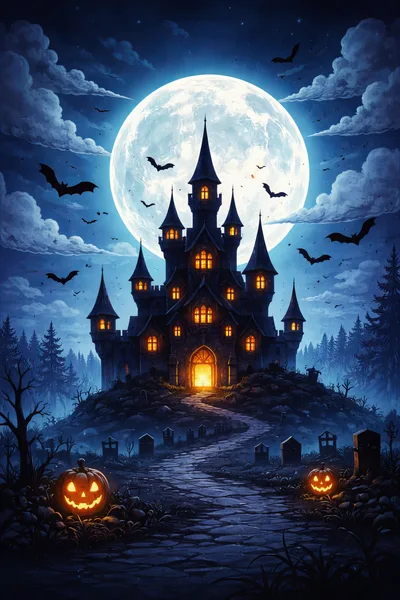 Spooky Haunted Castle Under Full Moon