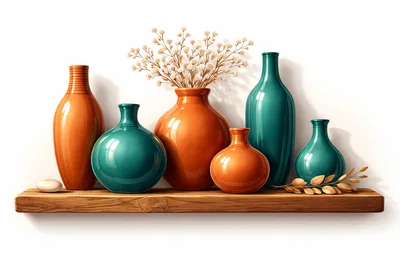 Decorative Ceramic Vases On A Wooden Shelf