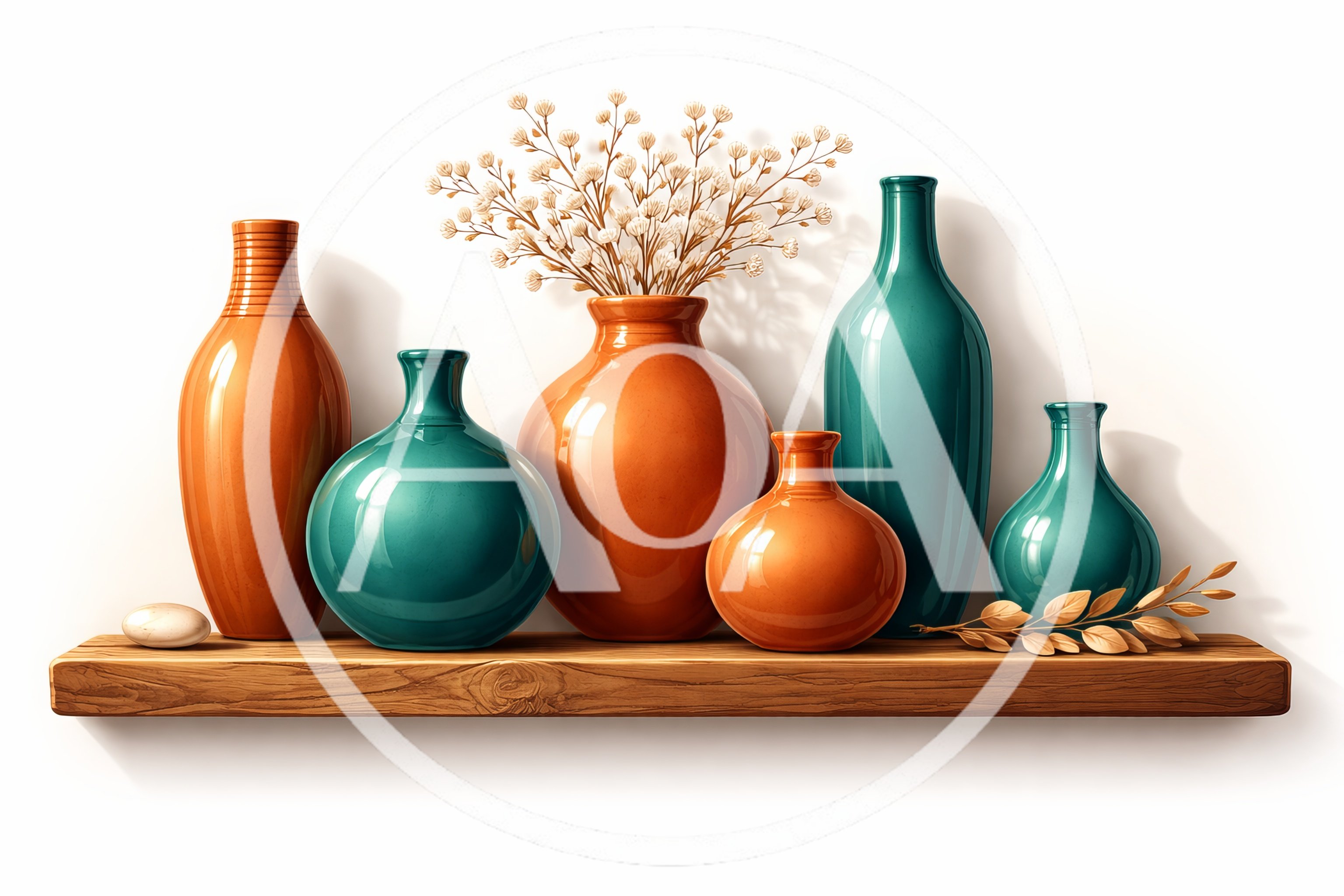 Decorative Ceramic Vases On A Wooden Shelf