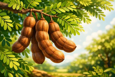 Ripe Tamarind Pods Hanging From A Tree Branch