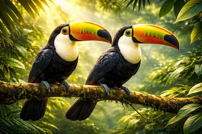 Two Toco Toucans Perched On A Mossy Branch