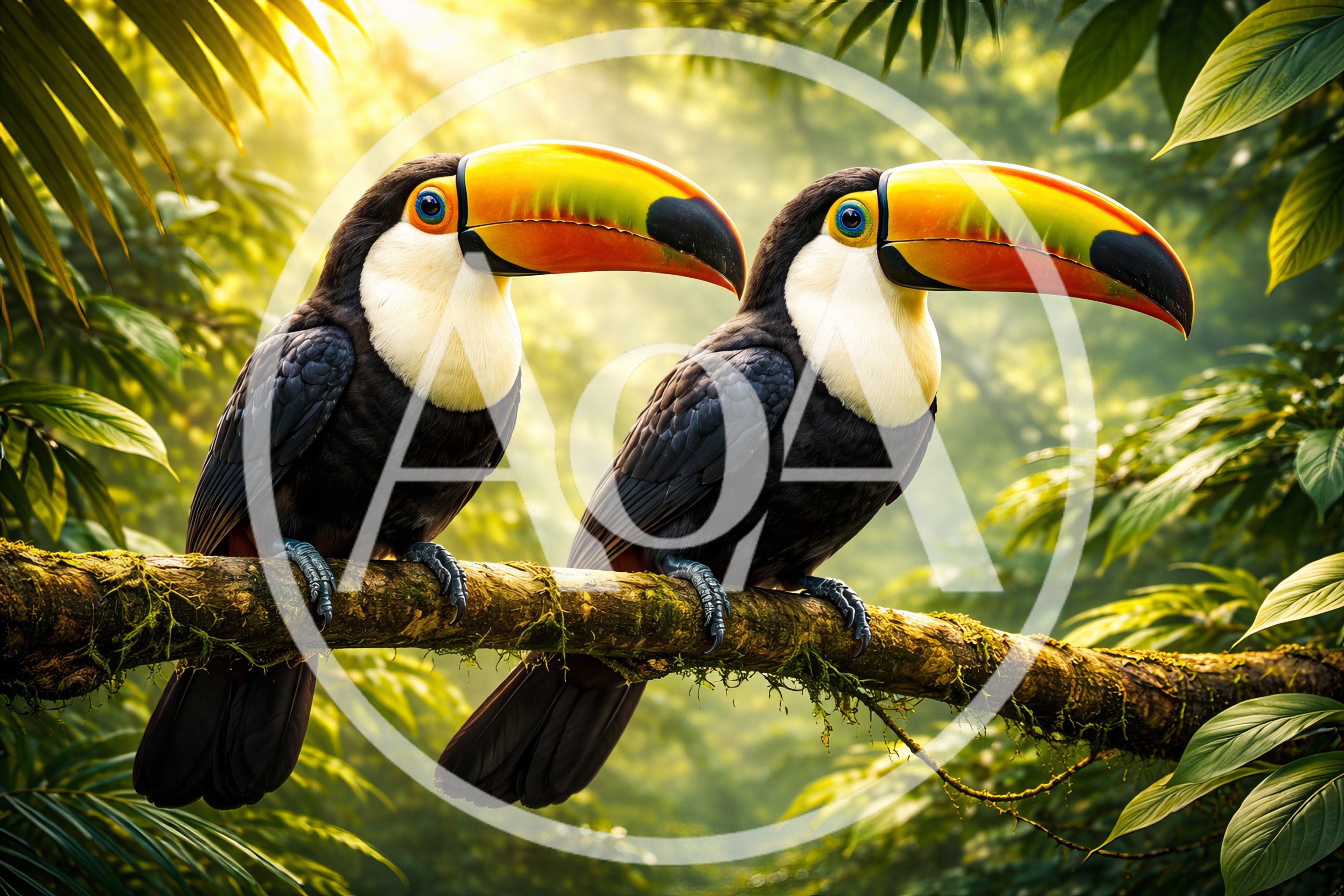 Two Toco Toucans Perched On A Mossy Branch
