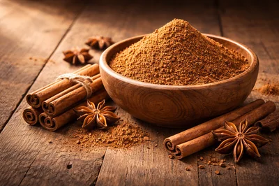 Cinnamon Powder and Spices on Rustic Wooden Table