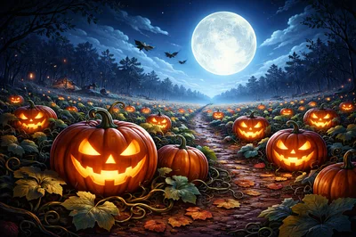 Glowing Jack O Lanterns In A Spooky Pumpkin Patch