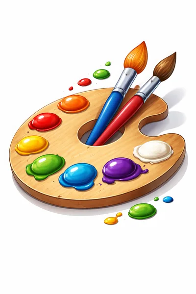 Wooden Artist Palette With Paintbrushes And Colorful Paint Blobs