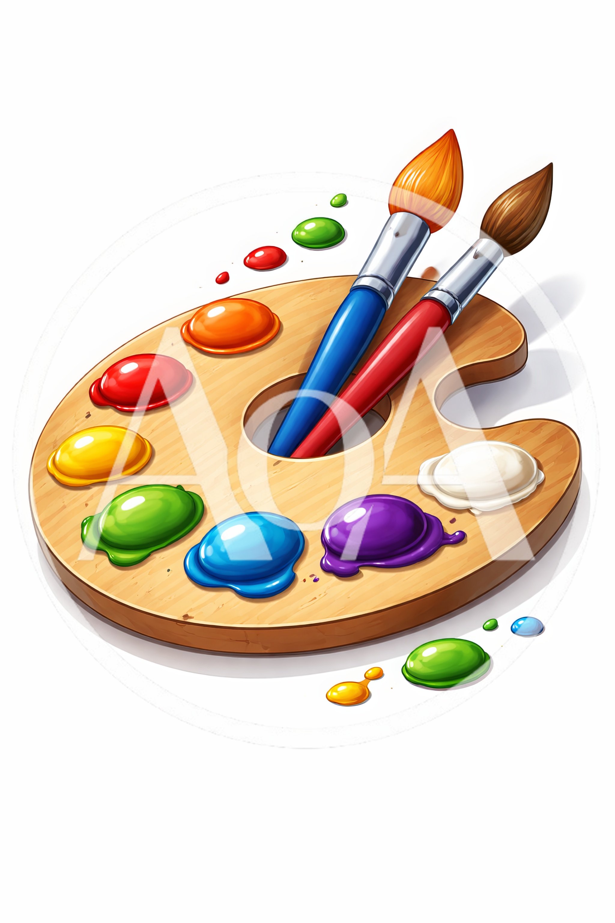 Wooden Artist Palette With Paintbrushes And Colorful Paint Blobs