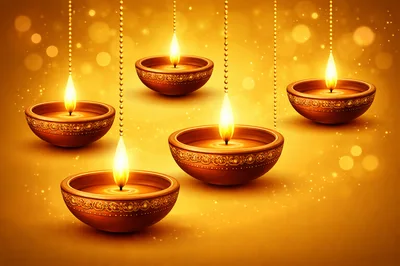 Five Glowing Traditional Clay Diya Lamps