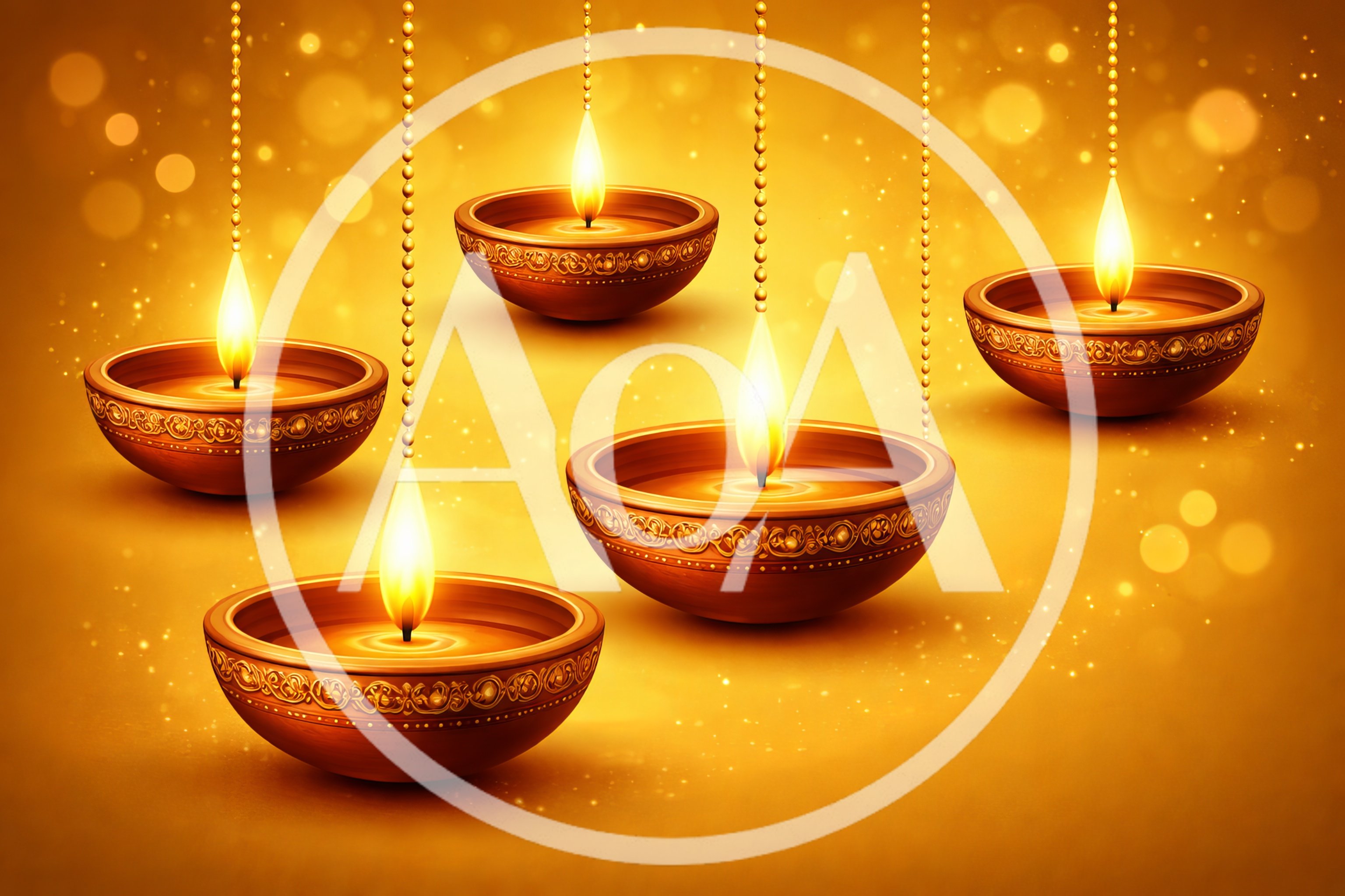 Five Glowing Traditional Clay Diya Lamps