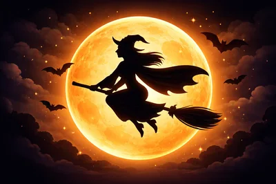 Silhouette Of A Witch Flying On A Broomstick