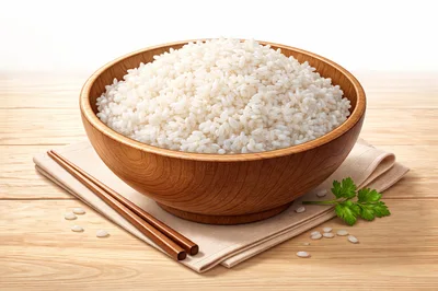 Wooden Bowl Of Steamed White Rice With Chopsticks