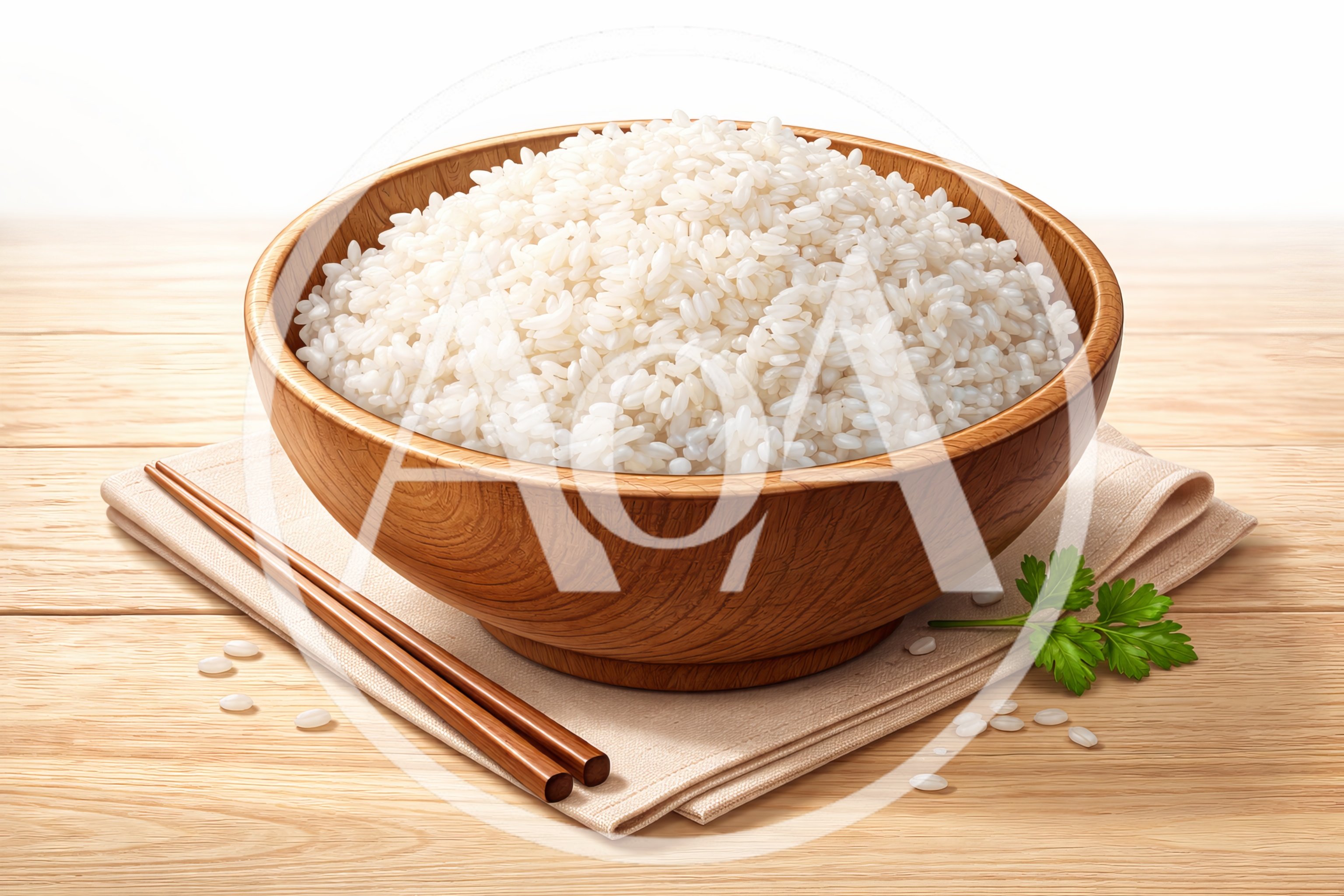 Wooden Bowl Of Steamed White Rice With Chopsticks