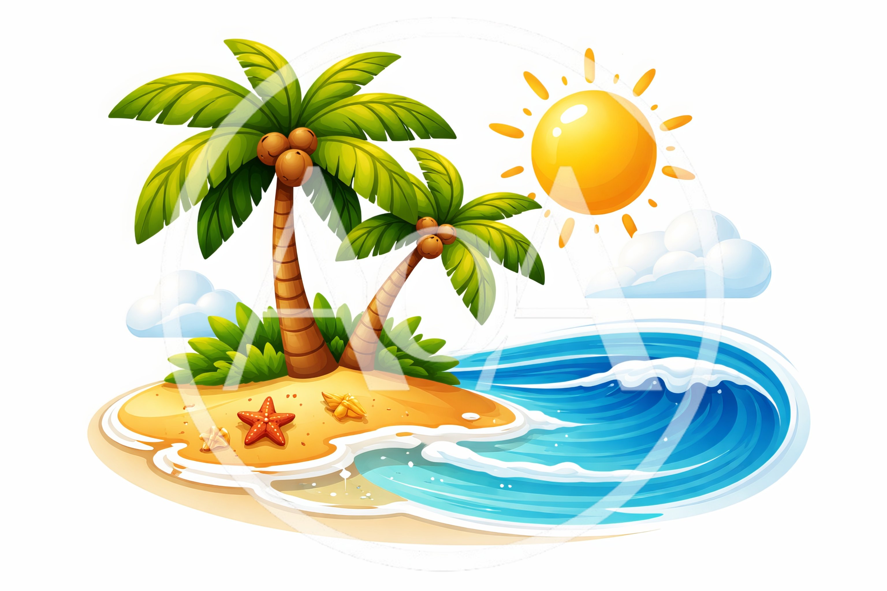 Tropical Island Beach Scene With Palm Trees And Sun