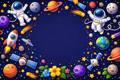 Cartoon Space Background With Astronauts And Planets