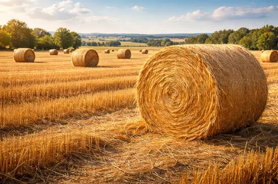 Golden Hay Bales In A Harvested Wheat Field
