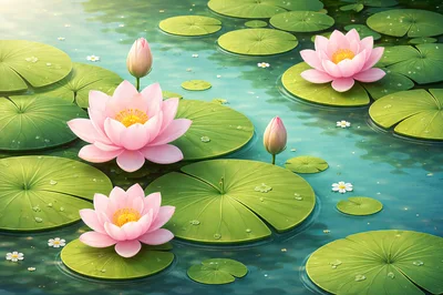 Pink Lotus Flowers Floating On A Calm Pond