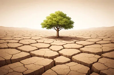 Solitary Green Tree Standing In A Cracked Desert Landscape