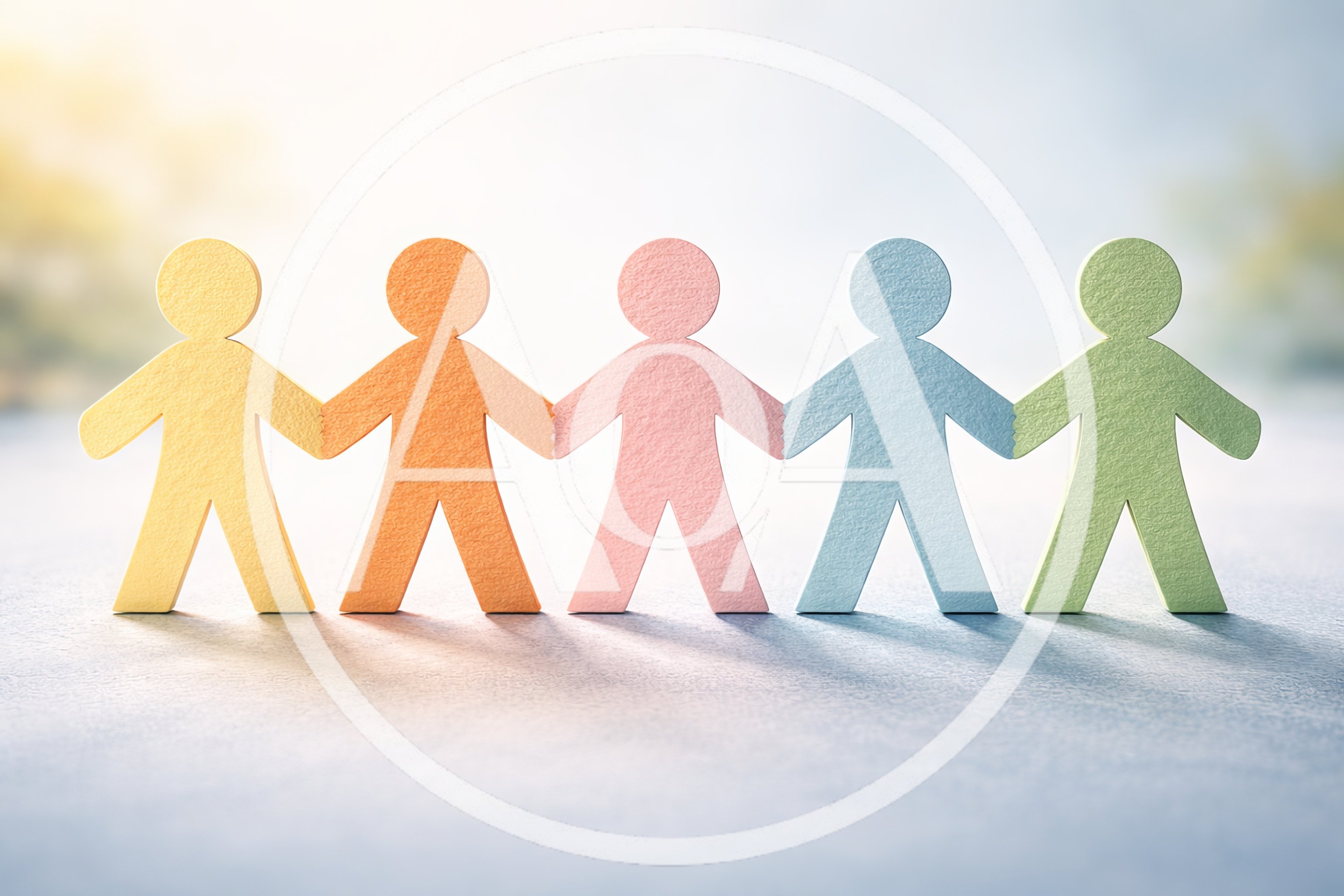 Five Colorful Paper Cutout Figures Holding Hands