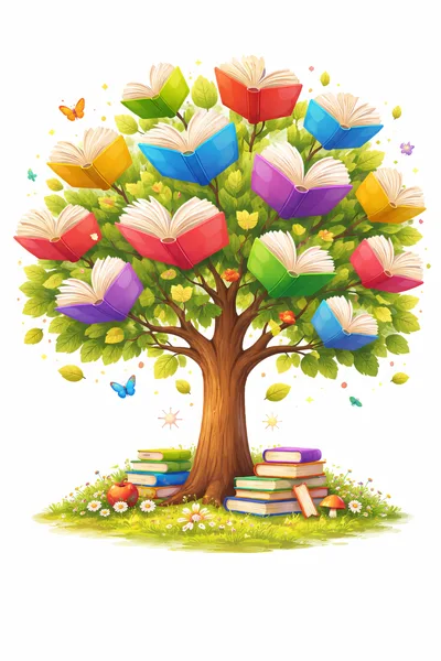 Whimsical Tree With Open Books And Butterflies