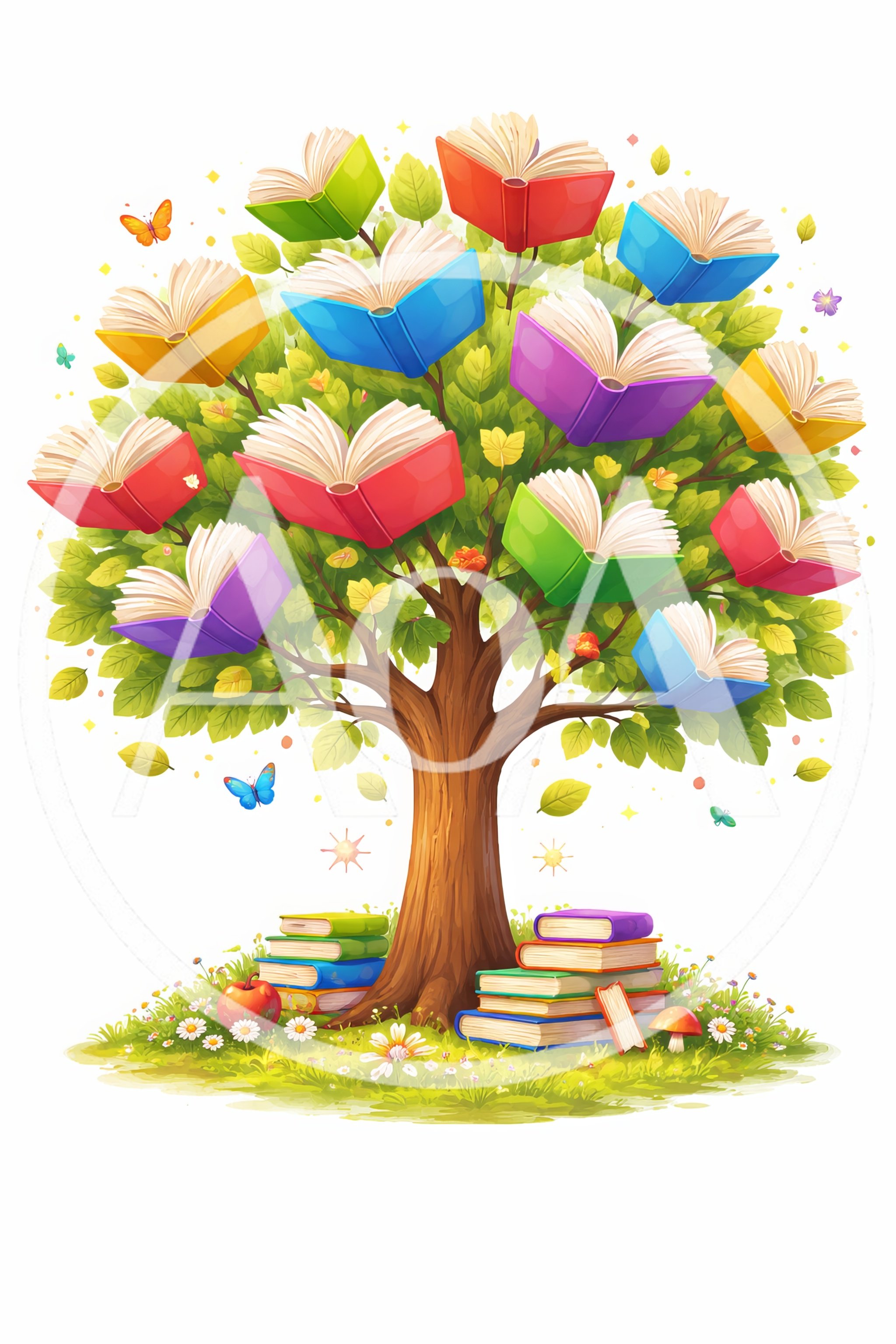 Whimsical Tree With Open Books And Butterflies