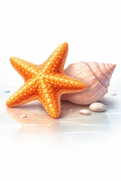 Orange Starfish And Seashell On White Sand Background