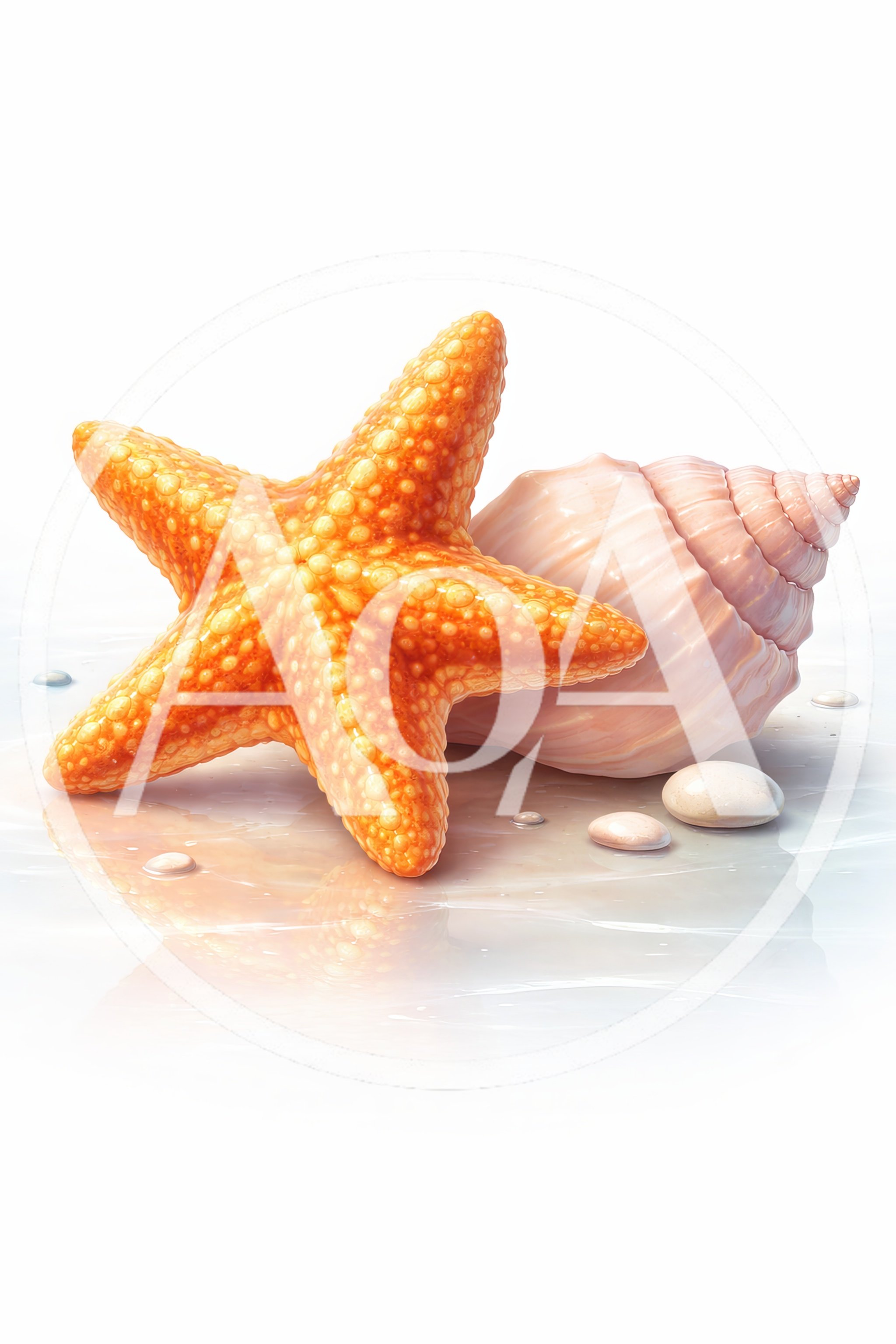 Orange Starfish And Seashell On White Sand Background