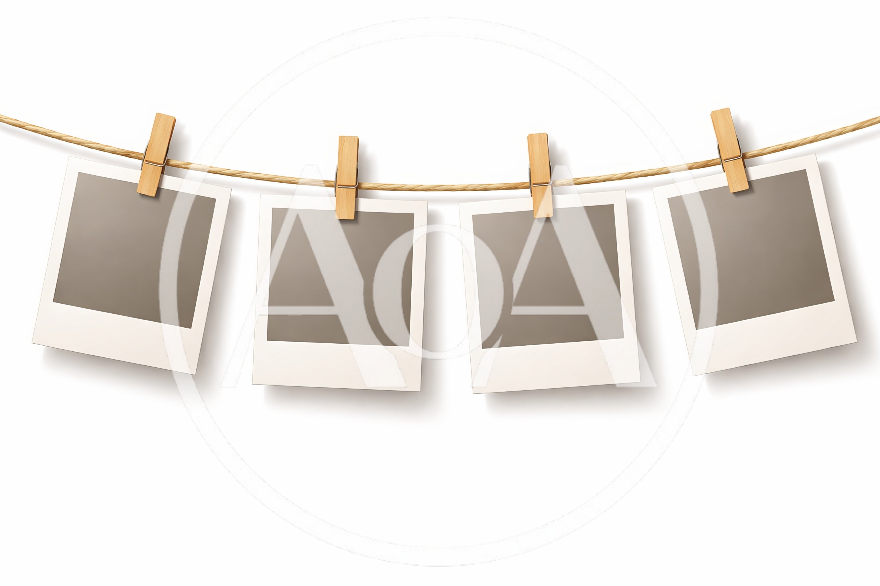 Four Blank Polaroid Frames Hanging On A Clothesline