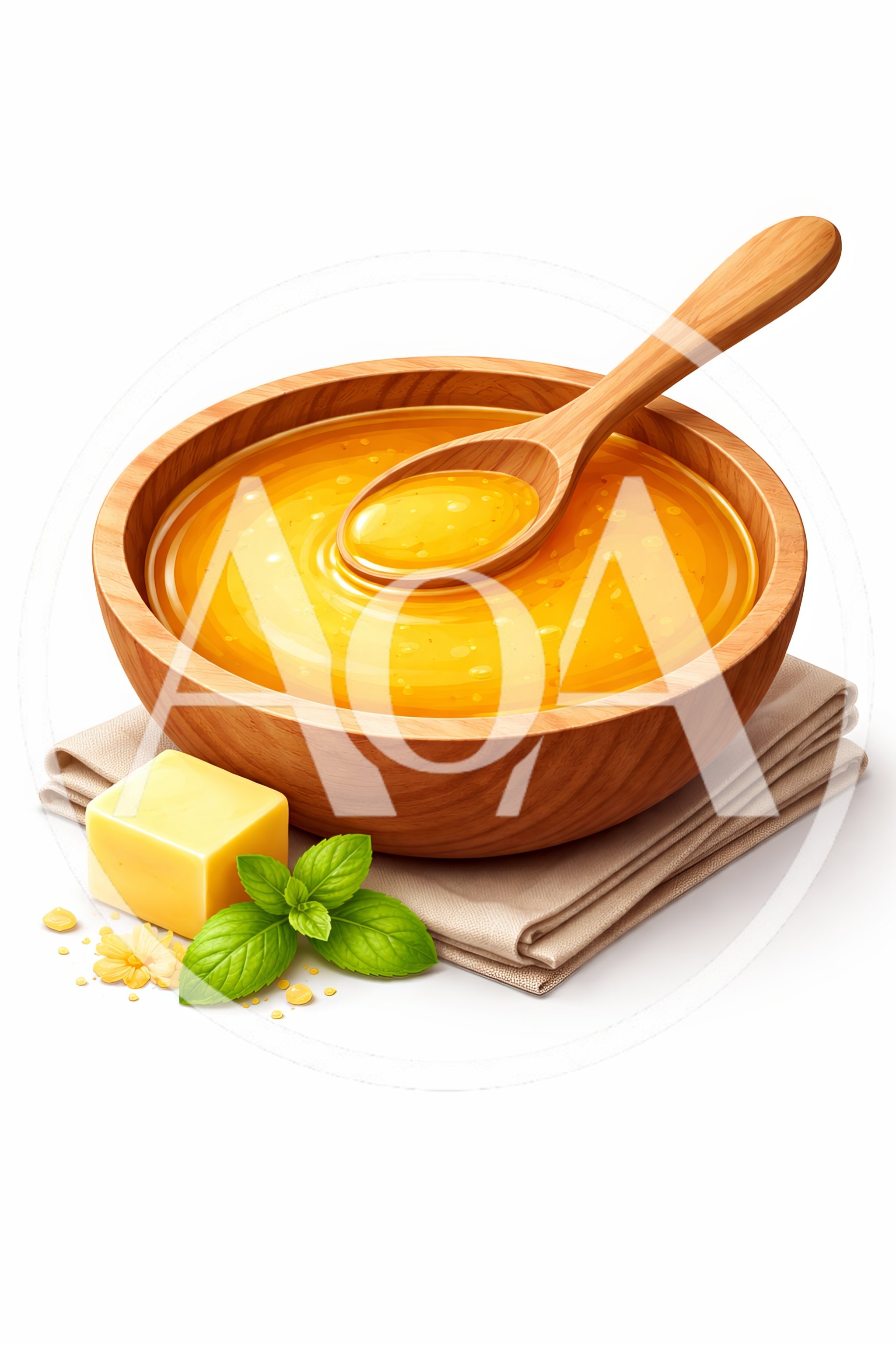 Wooden Bowl Of Honey With Butter And Mint
