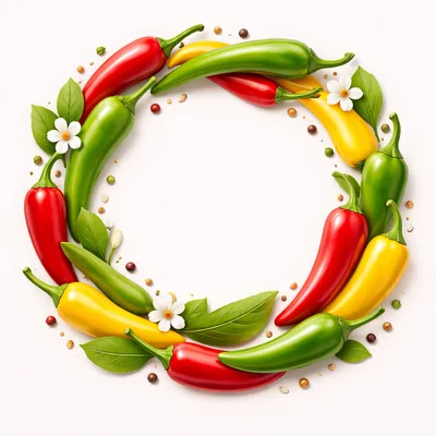 Circular Wreath Of Colorful Chili Peppers And Flowers