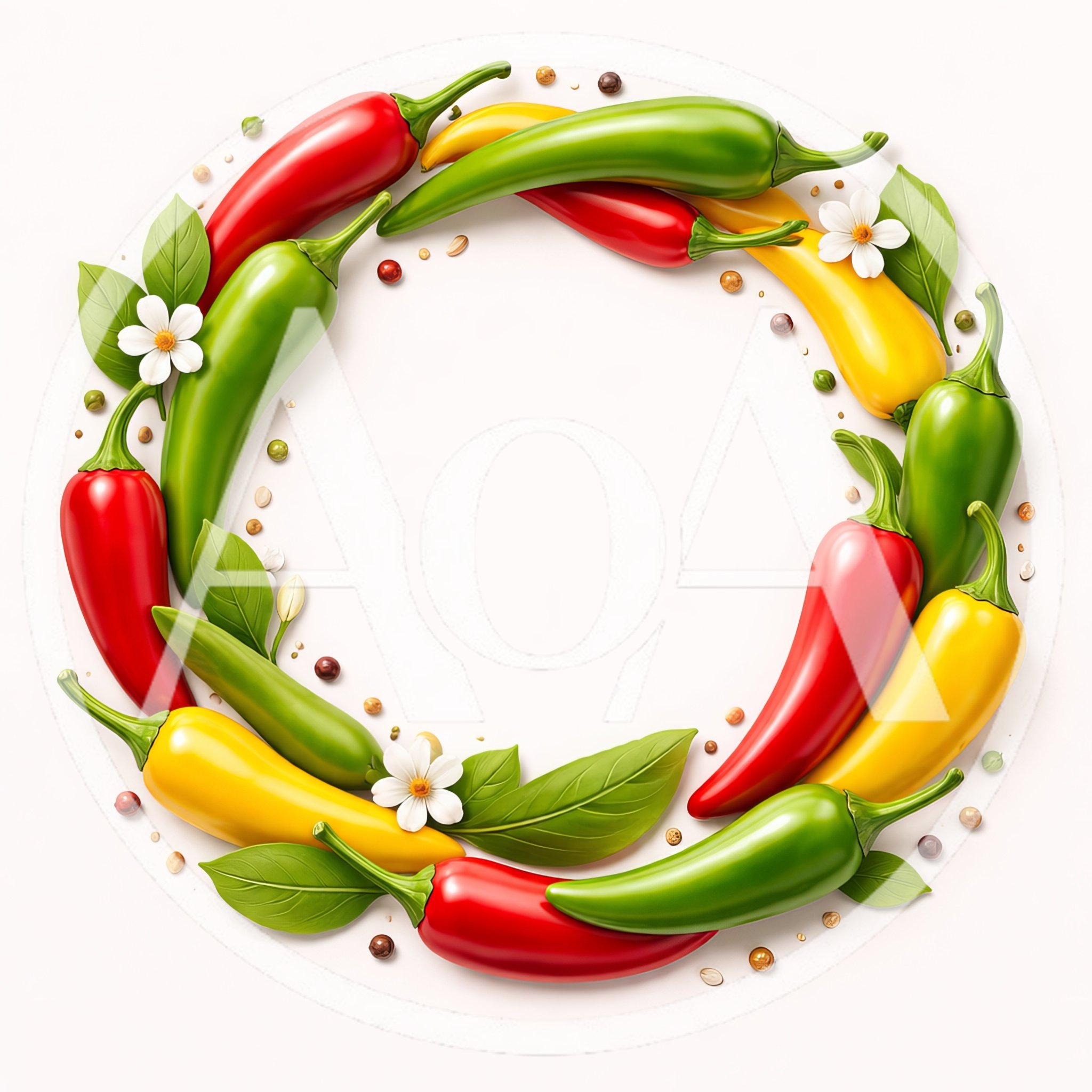 Circular Wreath Of Colorful Chili Peppers And Flowers