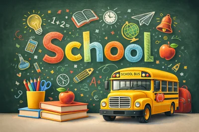 School Bus And Educational Supplies On Chalkboard Background