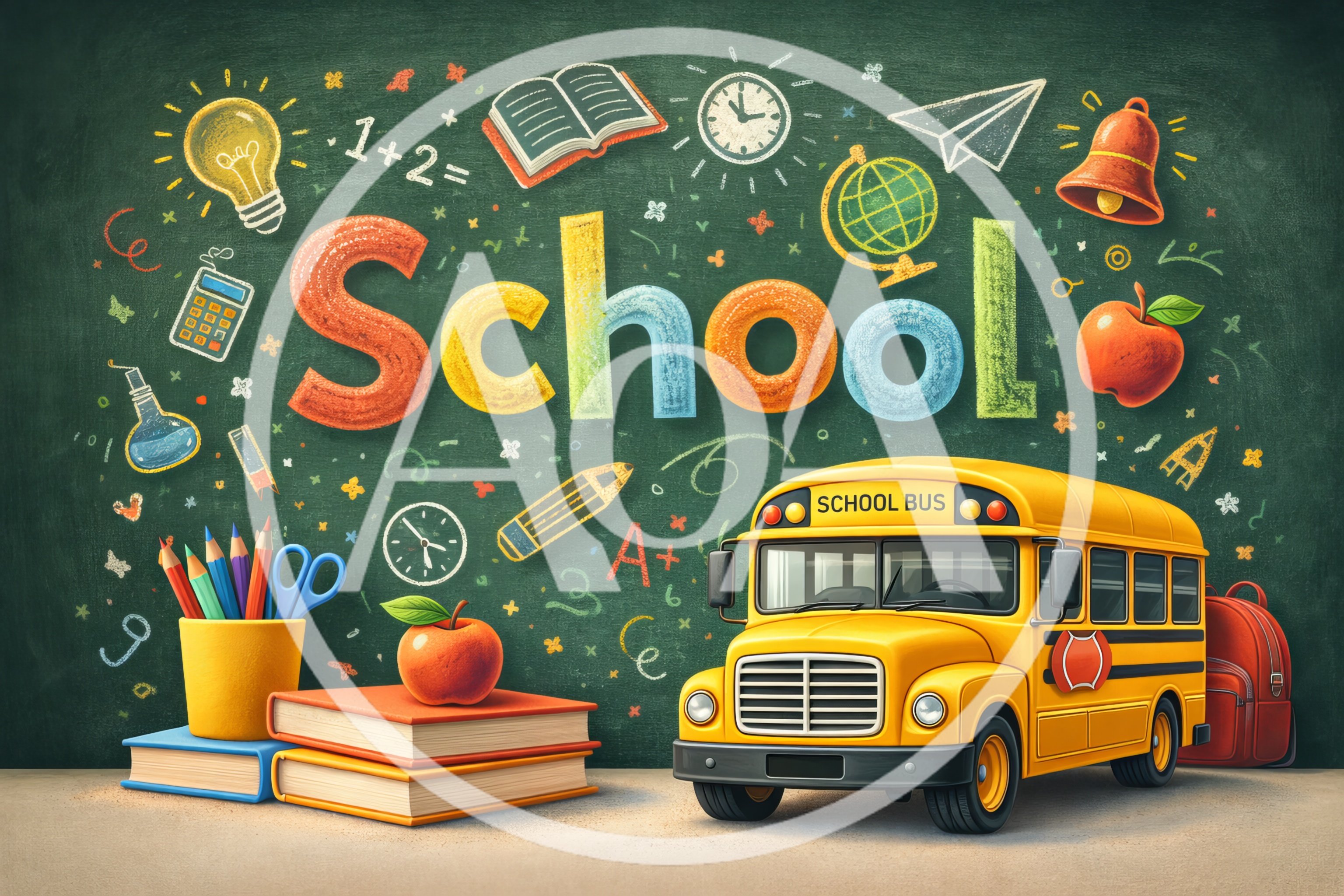 School Bus And Educational Supplies On Chalkboard Background